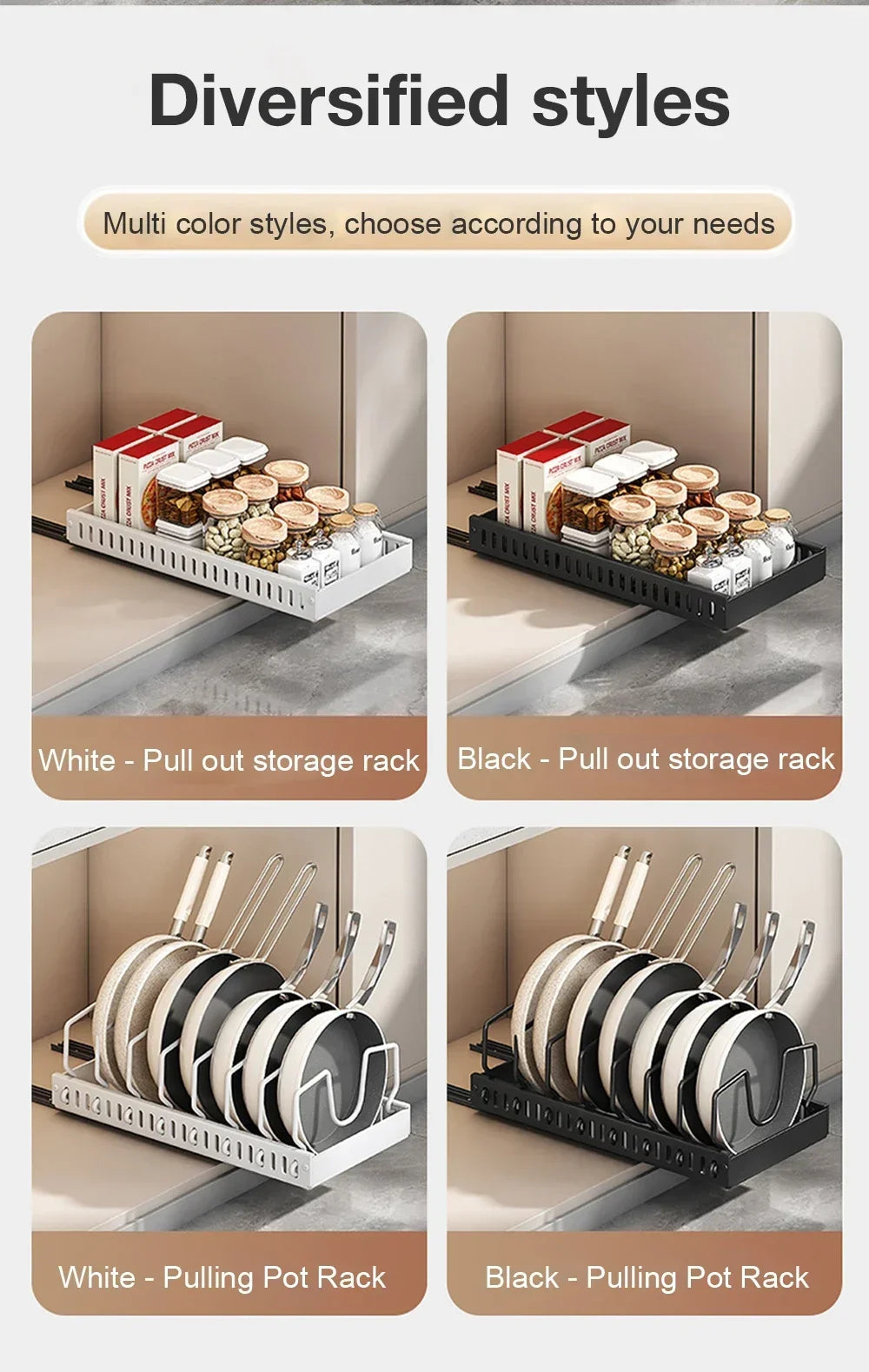 Pull‑out Sliding Kitchen Storage Rack Multifunctional Drawer Organizer for Pan Lids Spices Bowls Plates Cookware Storage