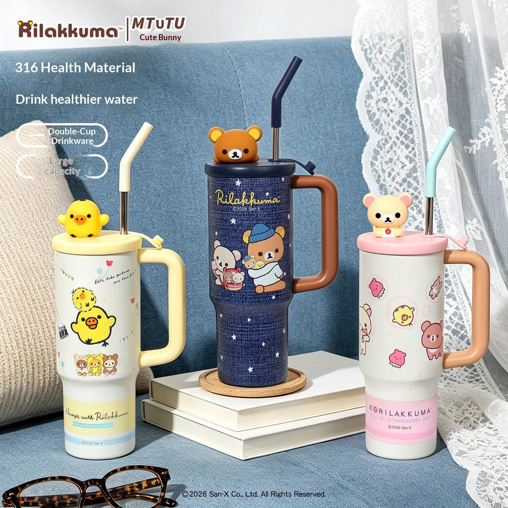 Rilakkuma Stainless Steel Tumbler Large Capacity Insulated Water Cup With Straw Cartoon Portable Travel Drinking Mug