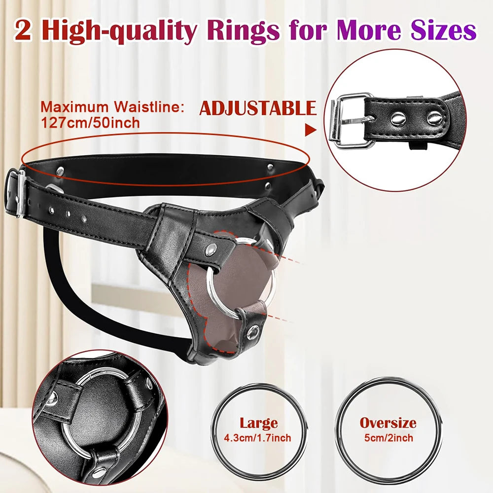 Strap On Dildo Harness Adjustable Waist and Thigh Soft Nylon Vegan Leather Belt with 2 Size Metal O-Rings for Lesbian Gay Couple