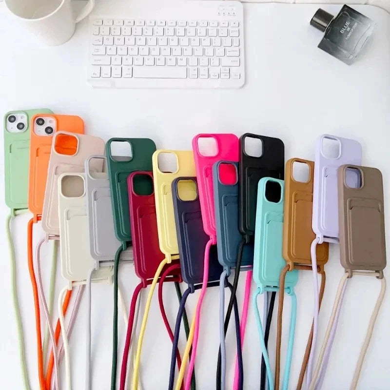 Crossboby Lanyard Rope Phone Case with Card Holder For iPhone 17 16 E 15 14 13 12 11 Pro Max Necklace Strap Soft Silicone Cover