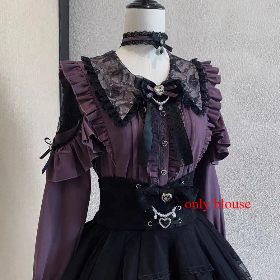 Japanese Sweet Lolita Blouse Long Sleeve Women Casual Skirts Lace Ruffle Blouse Y2K Harajuku Y2K Kawaii Subculture Outfit 2026