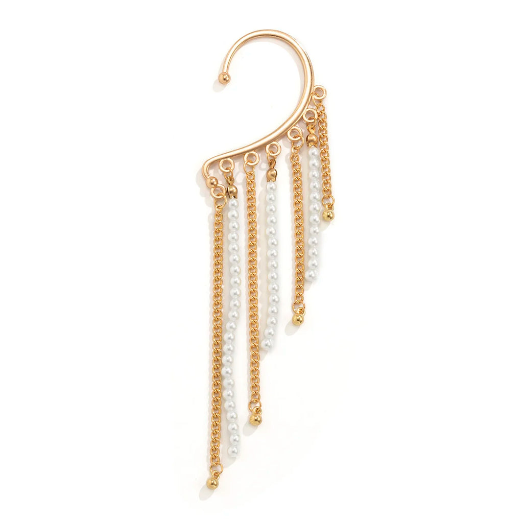 IngeSight.Z 1PC Imitation Pearl Sequins Long Tassel Earrings Kpop Arc Ear Hanging Fake Cartilage Clip Earrings Jewelry Accessory