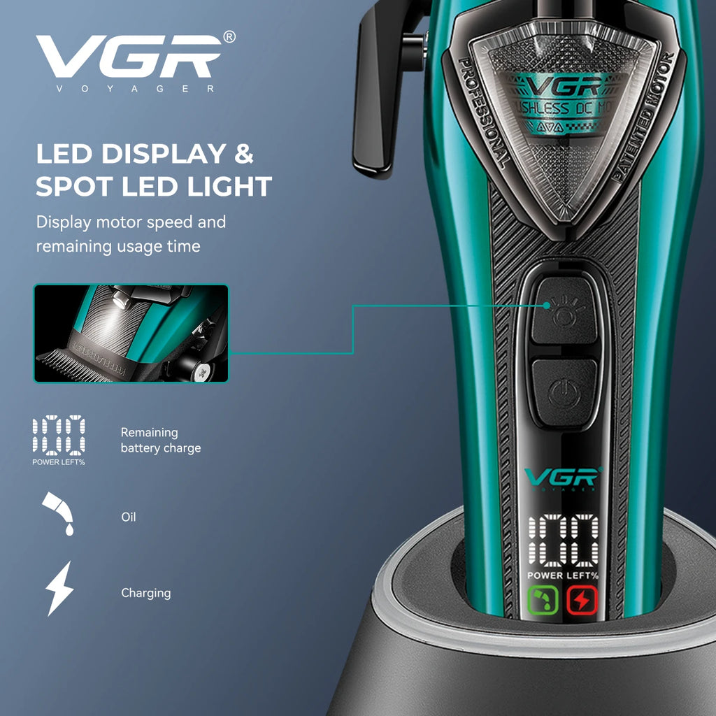 VGR Hair Clippers Adjustable Hair Trimmer External Rotor Motor Cordless Haircut Machine Digital Display Clipper for Men V-884