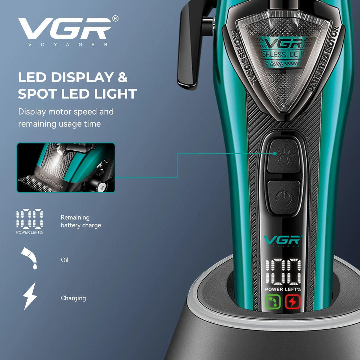 VGR Hair Clippers Adjustable Hair Trimmer External Rotor Motor Cordless Haircut Machine Digital Display Clipper for Men V-884