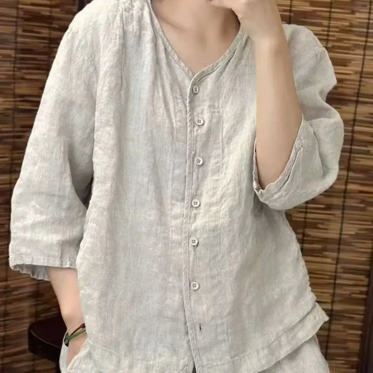 Women's Shirt 2025 Spring Summer Cotton and Linen Round Neck Retro Ladies Blouse Solid Age Reduction Lady Cardigan T-shirt