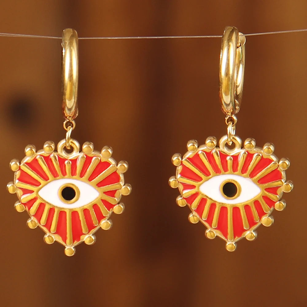 Vintage 316L Stainless Steel Turkish Evil Eye Hoops Earrings Huggie Drop Heart Pendant Earrings For Women Daily Jewelry Gifts