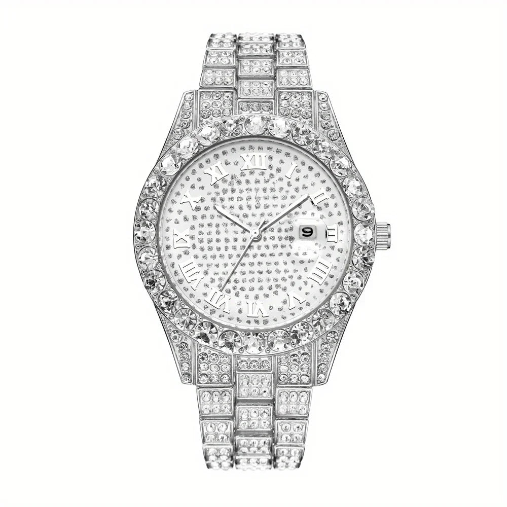 2 pieces/set of luxury men's hip-hop watches, adorned with sparkling artificial diamonds and Cuban chain bracelets