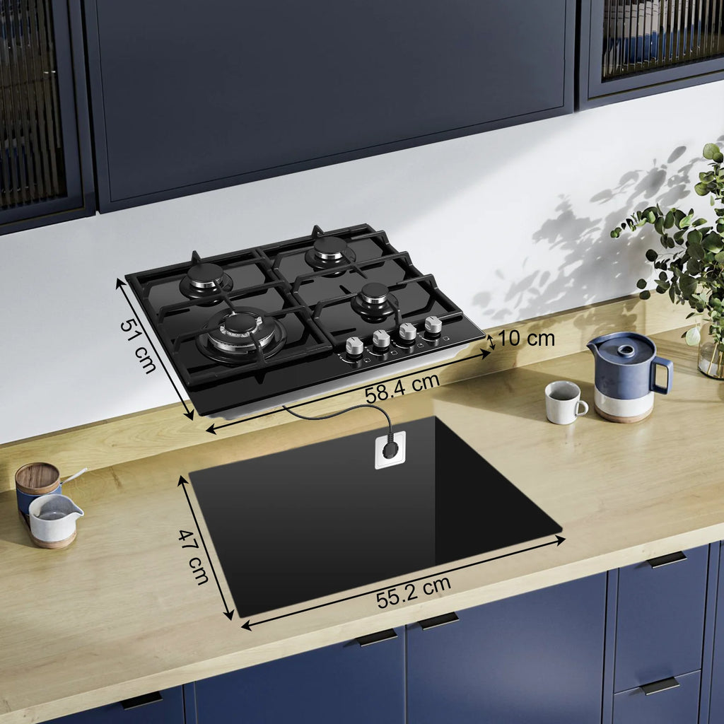 ‌58cm Gas Hob | 4 Burner Dual Fuel (NG/LPG) 8060W Auto Flame Shut-off & Tempered Glass Surface | Built-in/Freestanding 220-240V