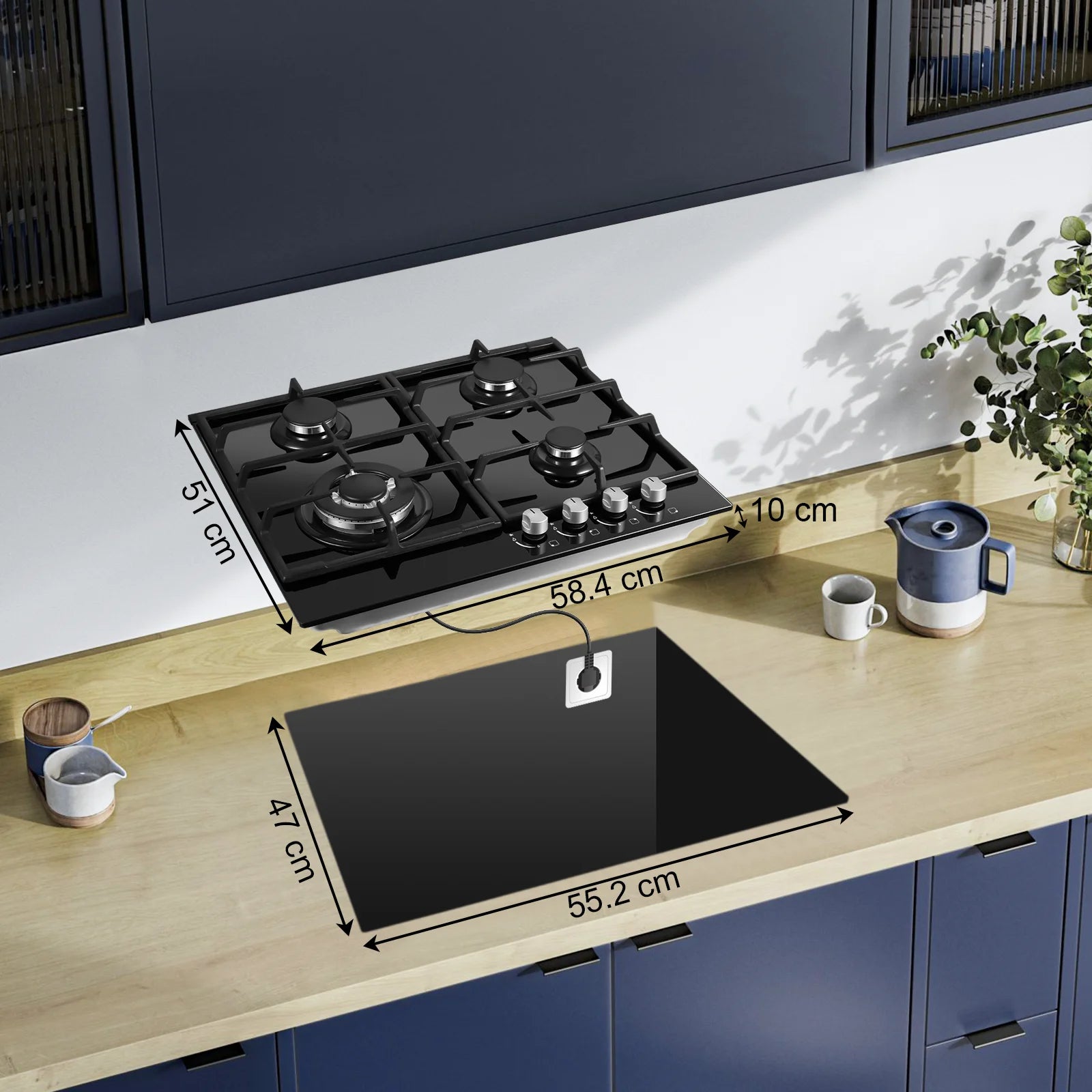 ‌58cm Gas Hob | 4 Burner Dual Fuel (NG/LPG) 8060W Auto Flame Shut-off & Tempered Glass Surface | Built-in/Freestanding 220-240V