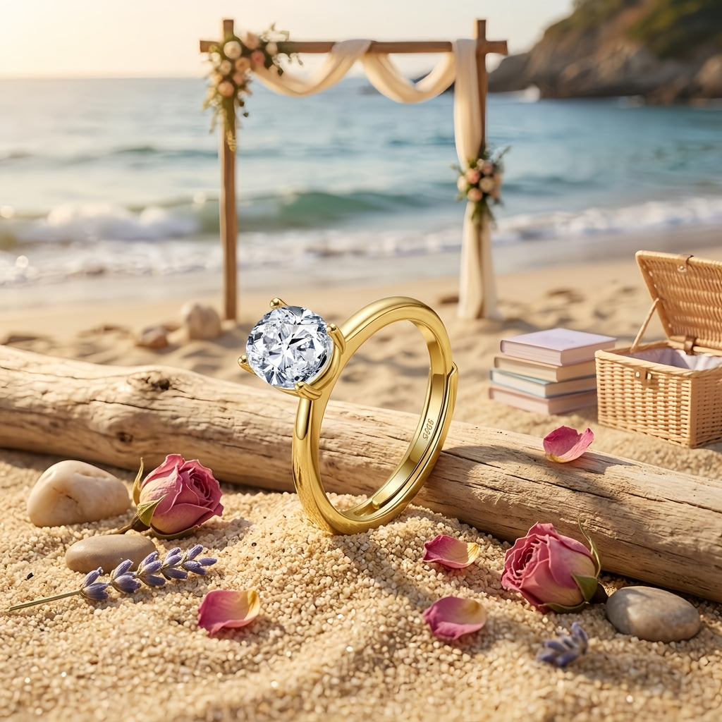 925 Sterling Silver Elegant Gold Solitaire CZ Ring with Classic Four-Prong Setting