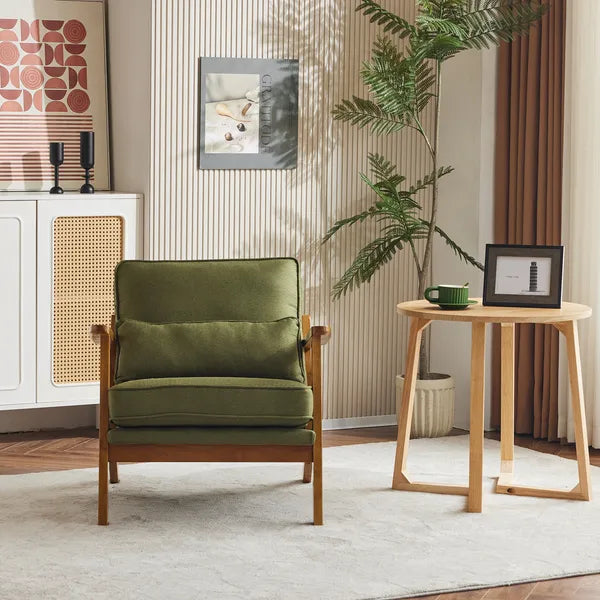 Mid-Century Oak Accent Chair - Linen-Cotton Forest Green Upholstered Single Lounge Chair, Indoor Armchair With Sturdy Wood Frame - 330LBS Weight Capacity