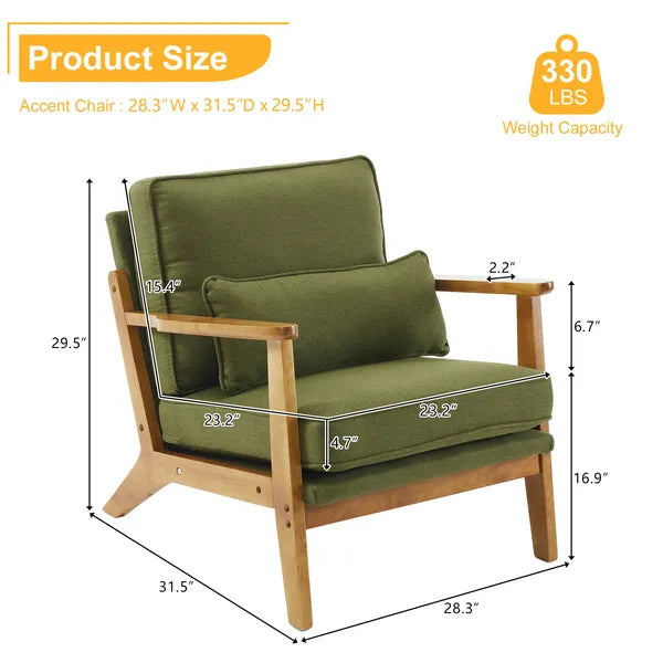 Mid-Century Oak Accent Chair - Linen-Cotton Forest Green Upholstered Single Lounge Chair, Indoor Armchair With Sturdy Wood Frame - 330LBS Weight Capacity