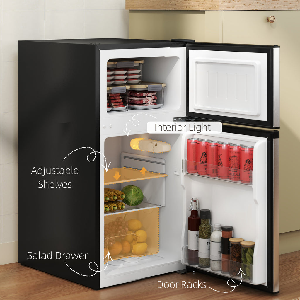 88L Under Counter Fridge Freezer, Small Refrigerator With 5-Setting, 3 Star Freezer Rating, Black And Silver Tone