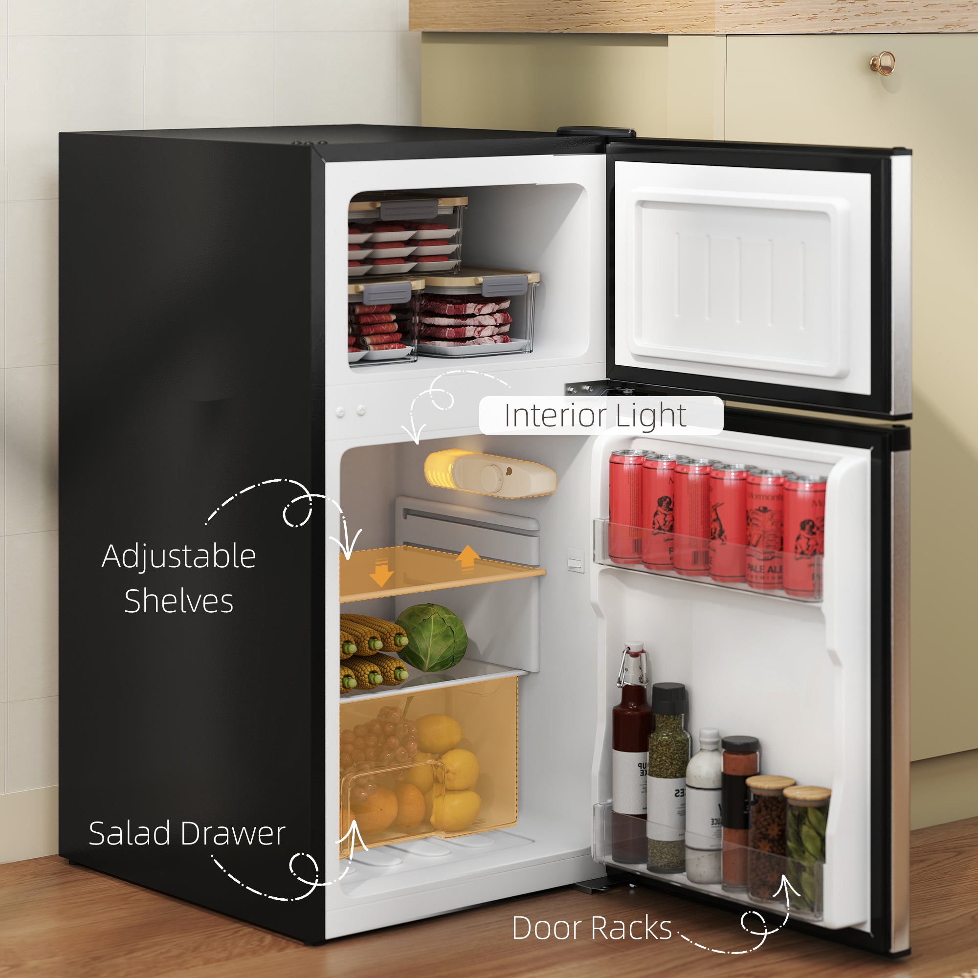 88L Under Counter Fridge Freezer, Small Refrigerator With 5-Setting, 3 Star Freezer Rating, Black And Silver Tone