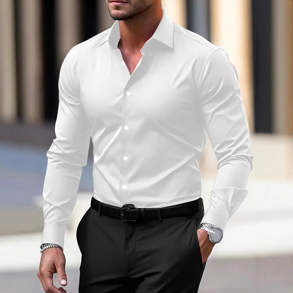 Men's Shirt Business Button Down Shirt Summer Solid Color Long Sleeve Lapel Vacation Shirt Fashion Temperament Casual Tops