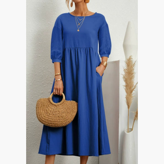 Summer Short-sleeved Dress With Pockets Fashion Solid Round Neck A-line Dresses For Women Clothing