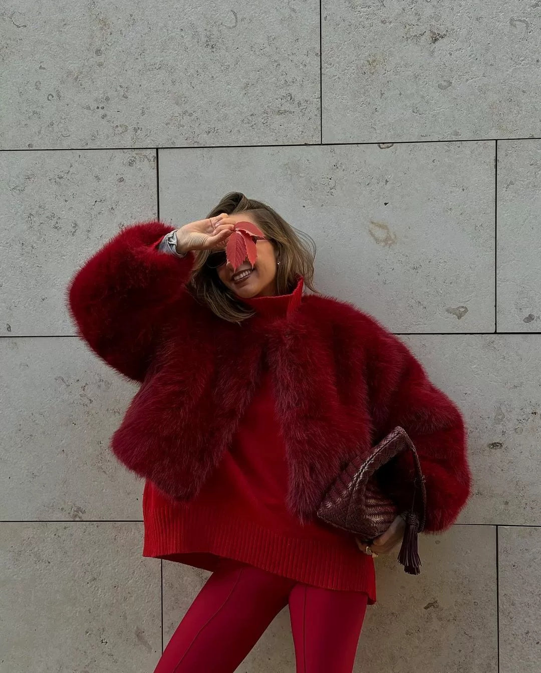 Women's Round Neck Long Sleeve Faux Fur Coat