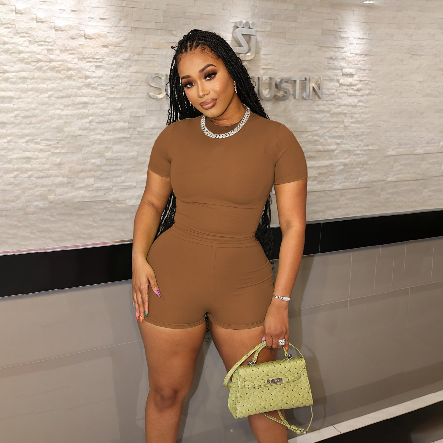 European And American Candy-Colored Sporty Two-Piece Set Short-Sleeve Top And Shorts