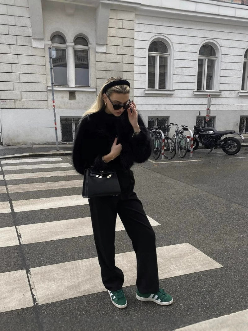 Women's Round Neck Long Sleeve Faux Fur Coat