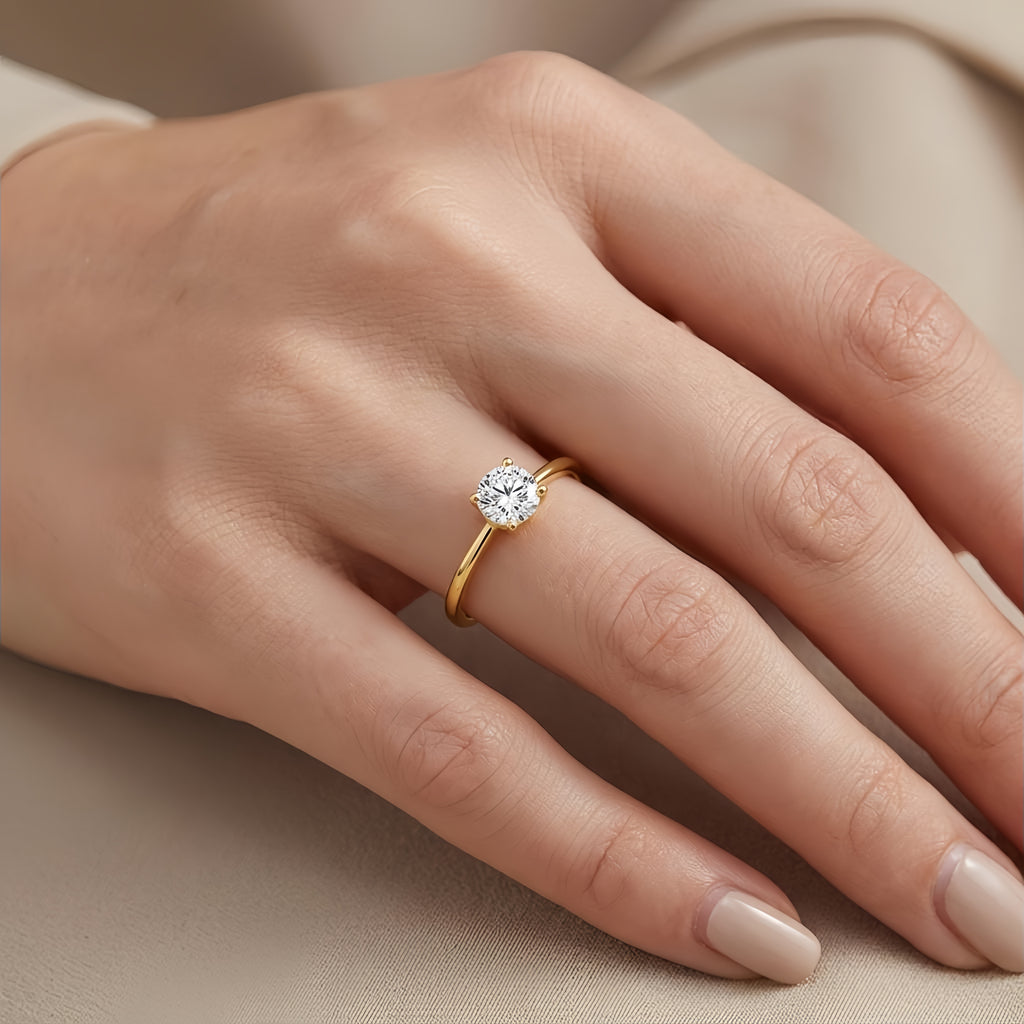 925 Sterling Silver Elegant Gold Solitaire CZ Ring with Classic Four-Prong Setting