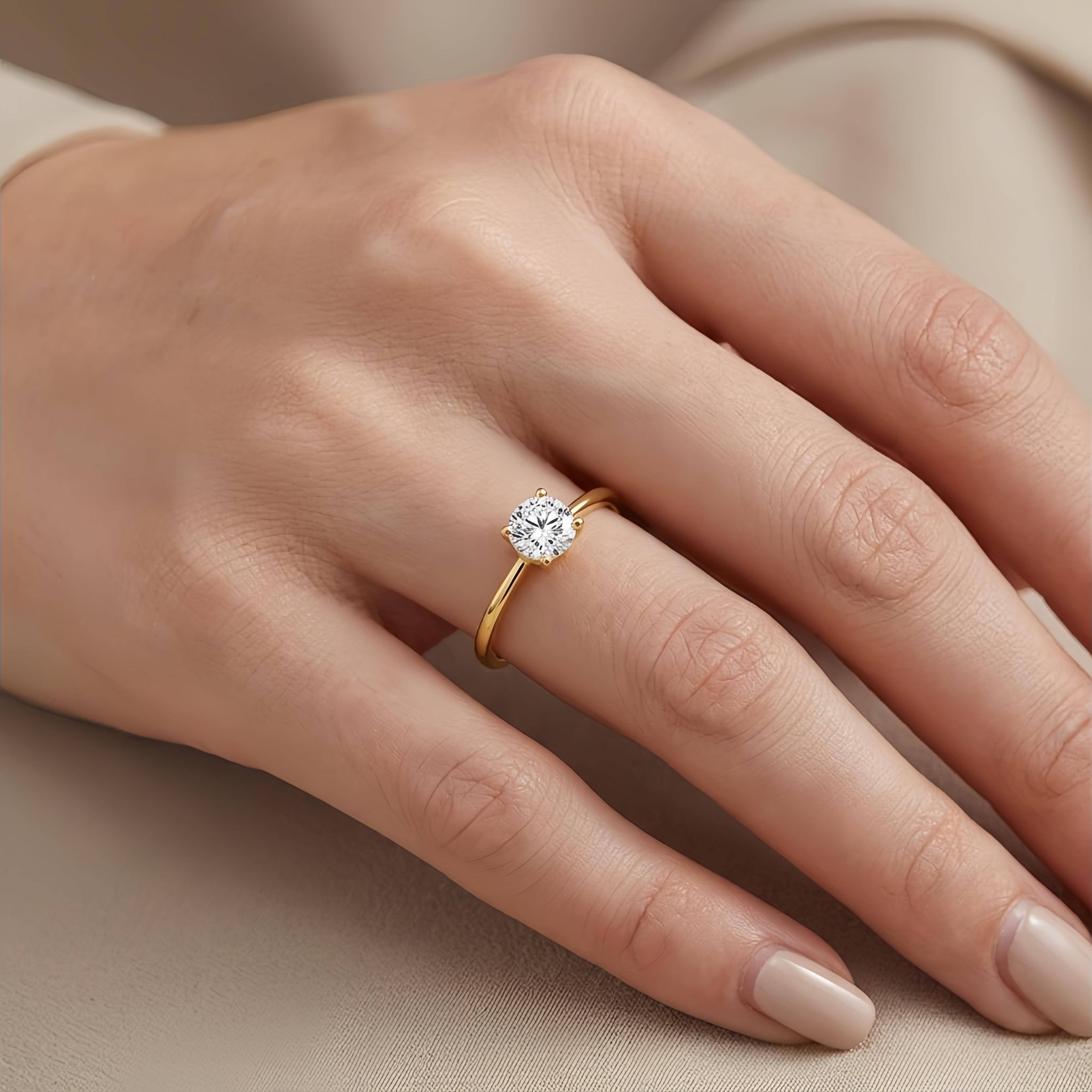 925 Sterling Silver Elegant Gold Solitaire CZ Ring with Classic Four-Prong Setting