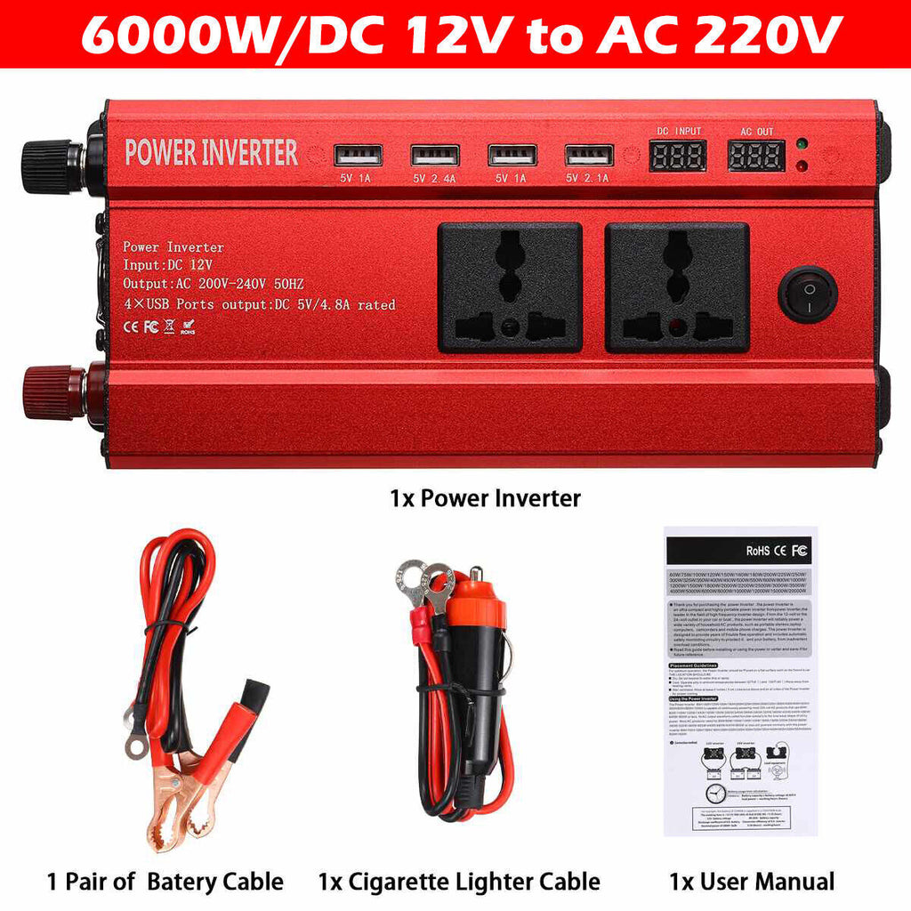 6000W Car Power Inverter Converter DC 12V To AC 240V 4 USB 2 UK Socket Sine Wave