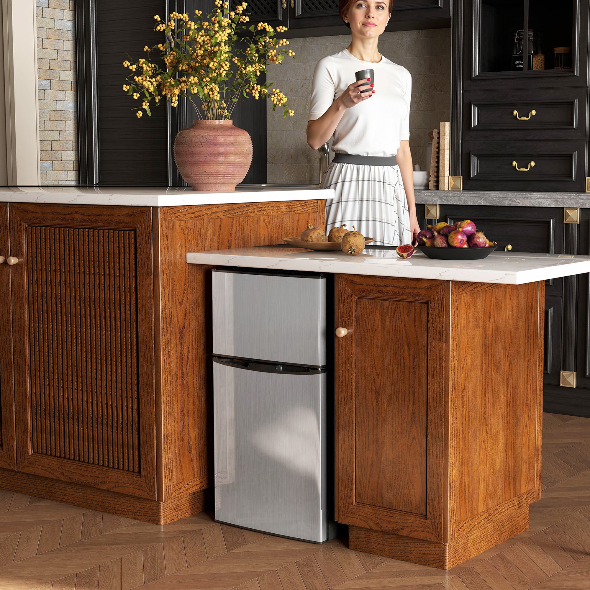 88L Under Counter Fridge Freezer, Small Refrigerator With 5-Setting, 3 Star Freezer Rating, Black And Silver Tone