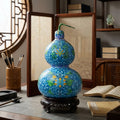 925 Sterling Silver Ornate Blue Cloisonné Enamel Double Gourd Vase with Intricate Floral Patterns and Stylized Vine Stopper - Handicraft