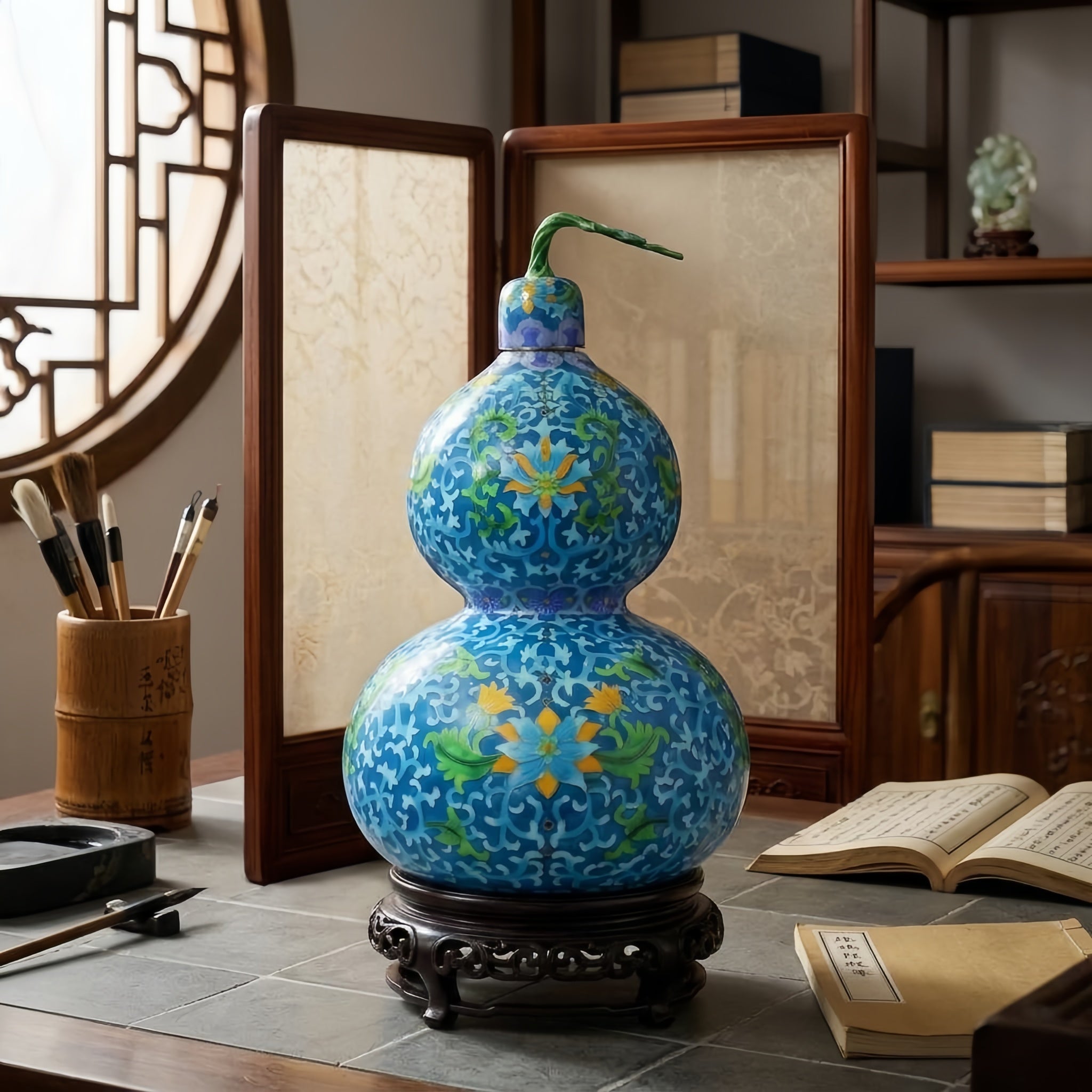 925 Sterling Silver Ornate Blue Cloisonné Enamel Double Gourd Vase with Intricate Floral Patterns and Stylized Vine Stopper - Handicraft