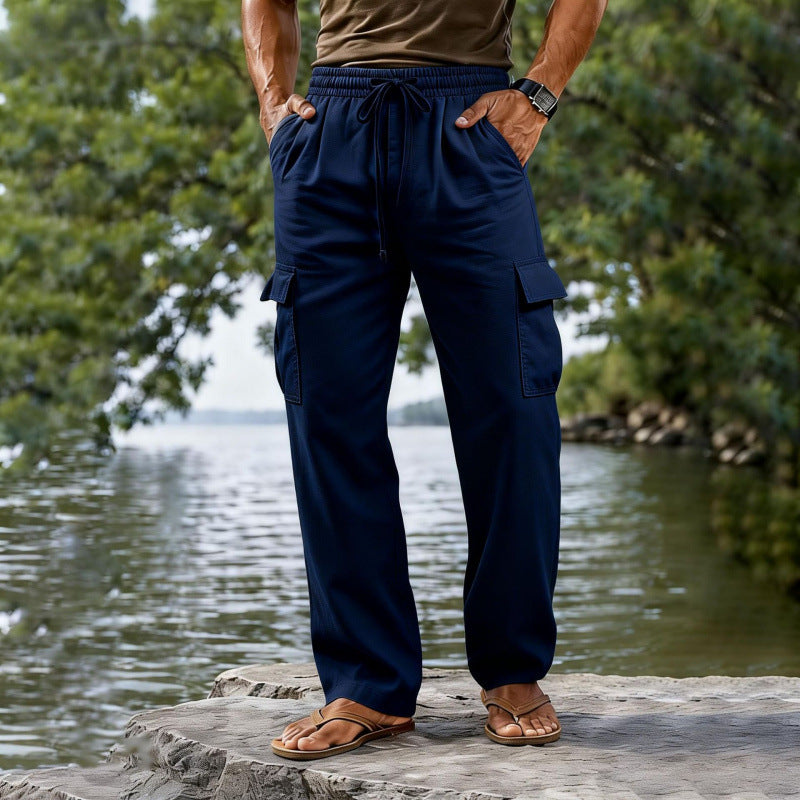 Drawstring Elastic Waist Straight-leg Solid-color Breathable Everyday Casual Mid-length Pants