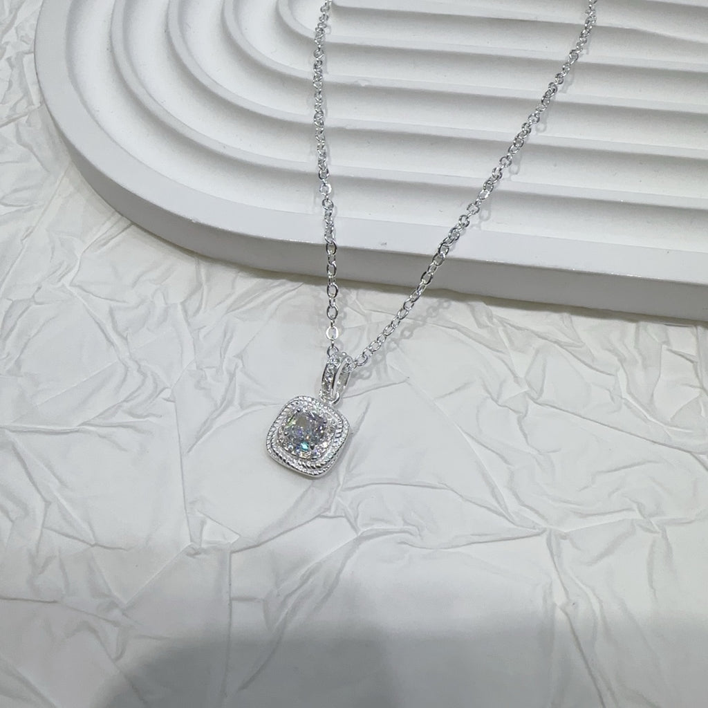 1pc 999 Sterling Silver Square Zircon Pendant Necklace, Elegant & Shiny Style, Perfect For Daily, Dating & Gifting, Ideal Valentine's Gift