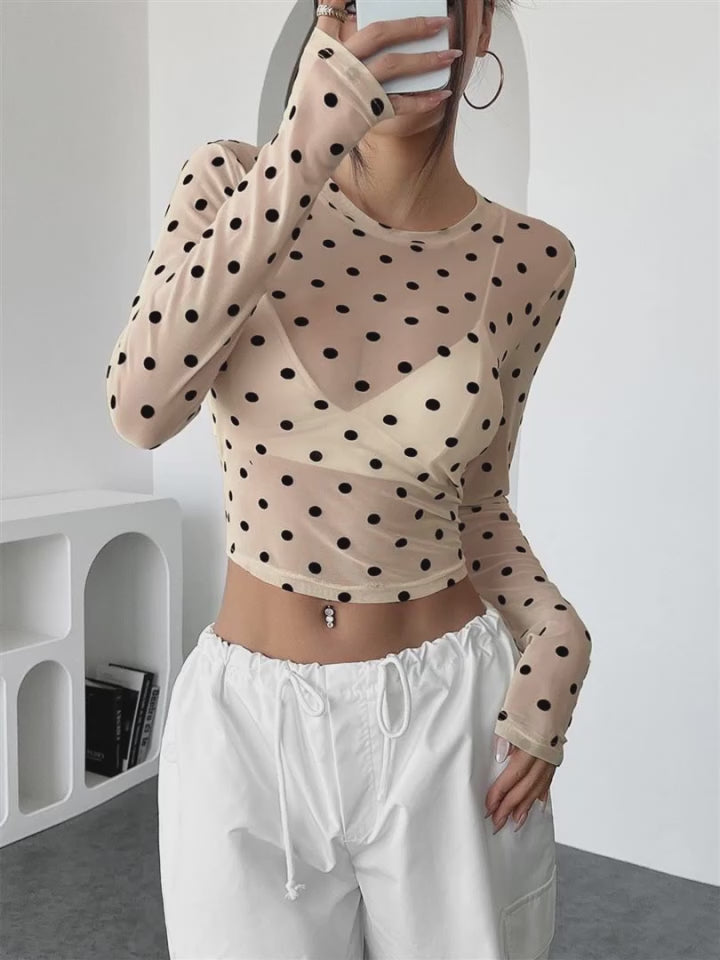 Womens Polka Dots Long Sleeve Mesh Tops Sexy See Through Sheer Blouses Shirts Going Out Crop Top Y2K Date Night Club Party Tops