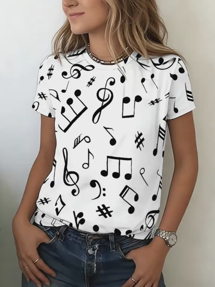 Women T-Shirt  Music Note Print Short Sleeve Crew Neck Casual Loose Fit Casual Top Spring Summer Daily Streetwear Versatile Top