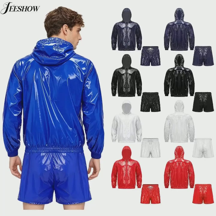 Mens 2 Pcs Waterproof Tracksuit Long Sleeve Front Zipper Hooded Jacket with Drawstring Elastic Waistband Shorts Gyms Sportwear