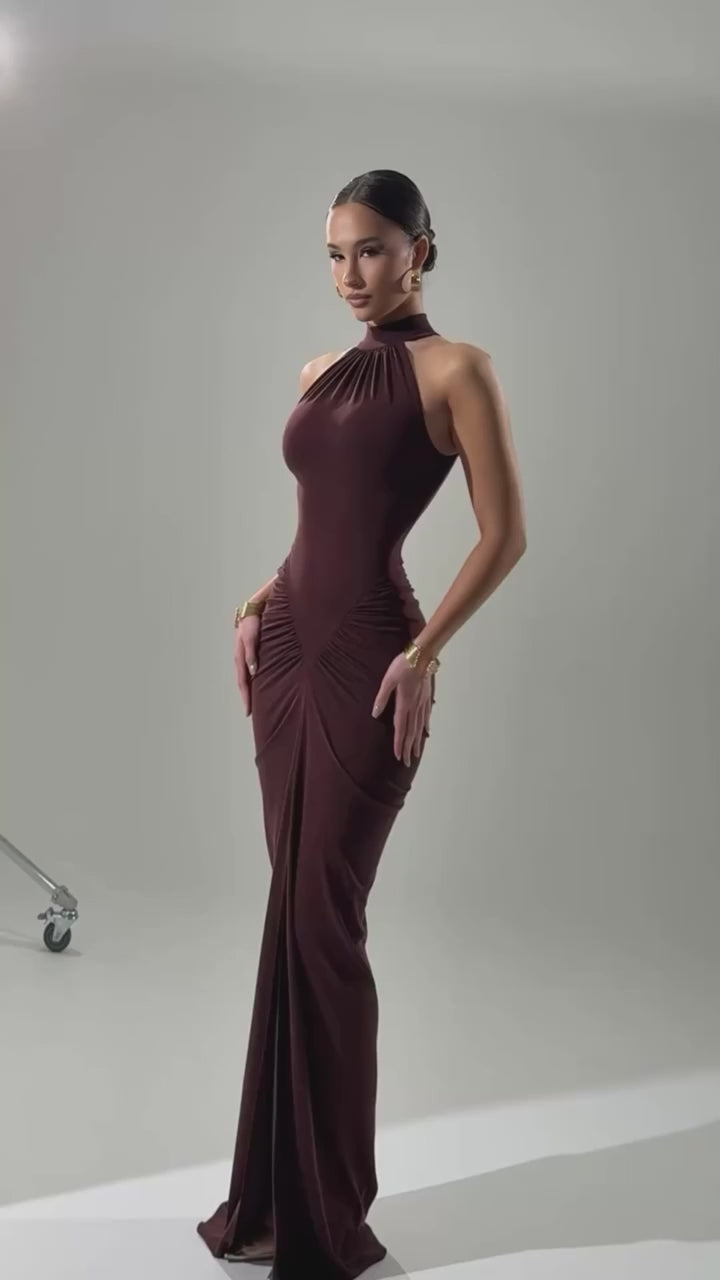 Mozision Halter Ruched Sleeveless Sexy Maxi Dress Women Gown Fashion Slim High Waist Evening Club Party Split Long Dress