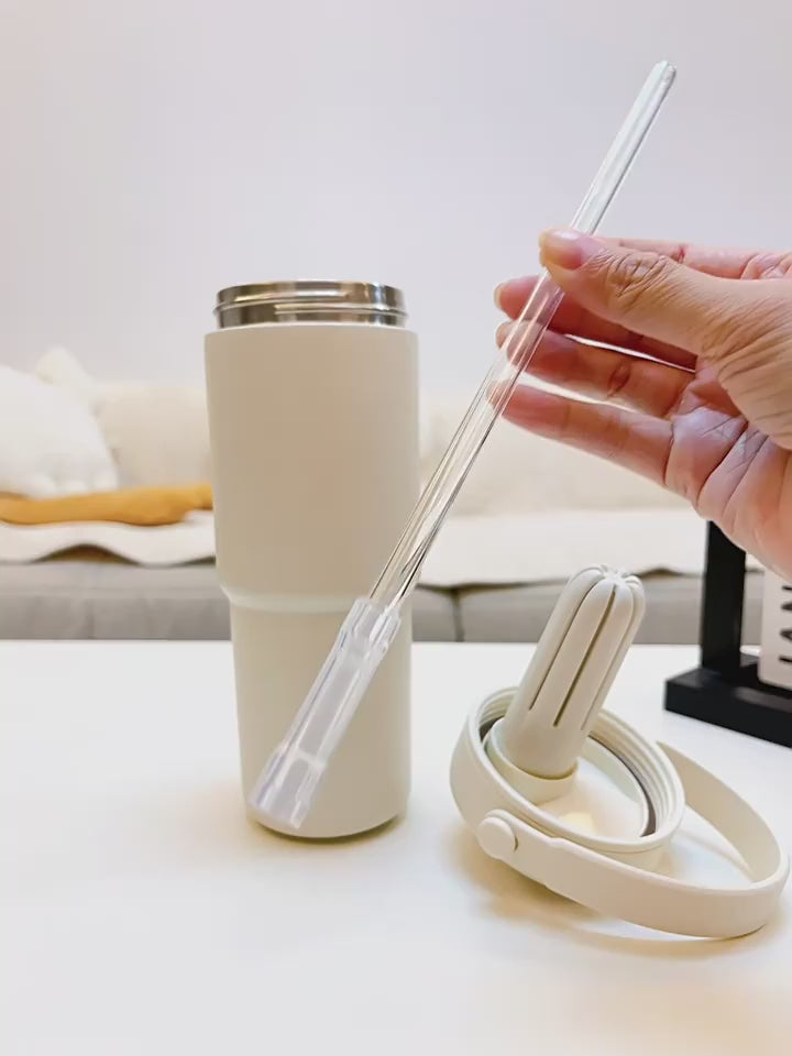 Ceramic Tumbler with Handle Thermal Mug Large 24OZ Straw Portable Cold Coffee Thermos Lined Insulated Vacuum Flask Travel Bottle
