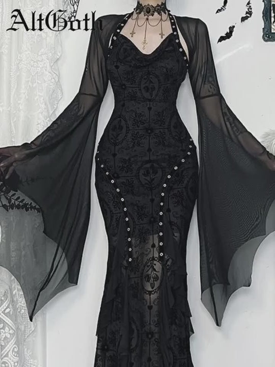 AltGoth Halloween Gothic Mesh Smock Women Vintage Streetwear Witch See Through Bat Sleeve Crop Blouse Sexy Cosplay Clothes Femme